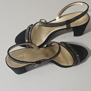 Naturalizer Black and Gold Heeled Strappy Sandals With Rhinestone
